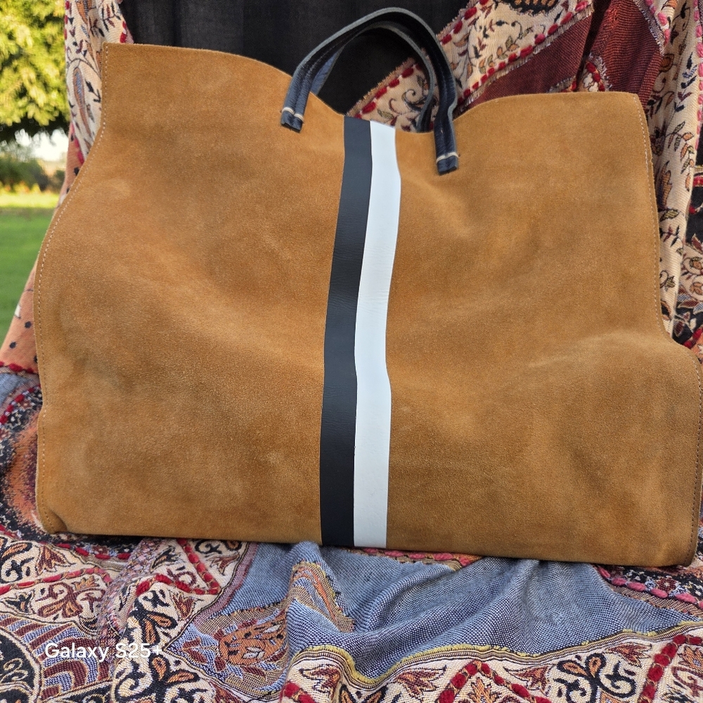 Clare V Suede Tote in Caramel with Black and White Stripe